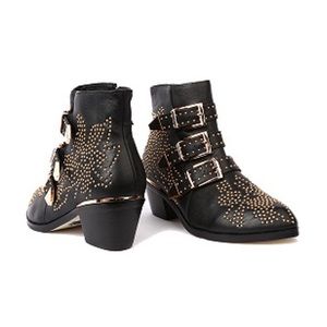 COPY - Black Leather Pointed Stud Buckle Strap Ankle Boots